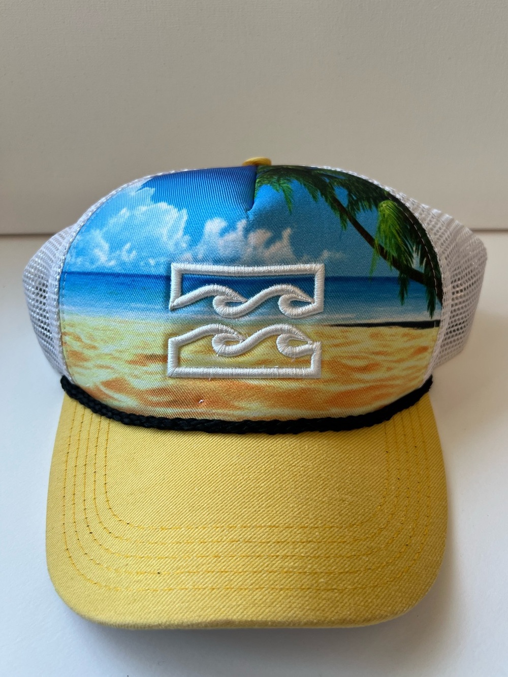 Tropical Beach Trucker Hat with Yellow Brim and SnapBack - surf vibes